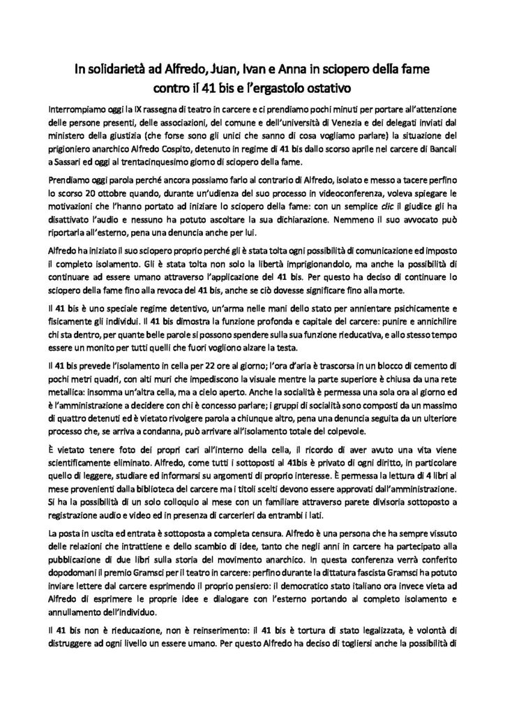 In solidarietà ad Alfredo Juan Ivan e Anna in sciopero della fame