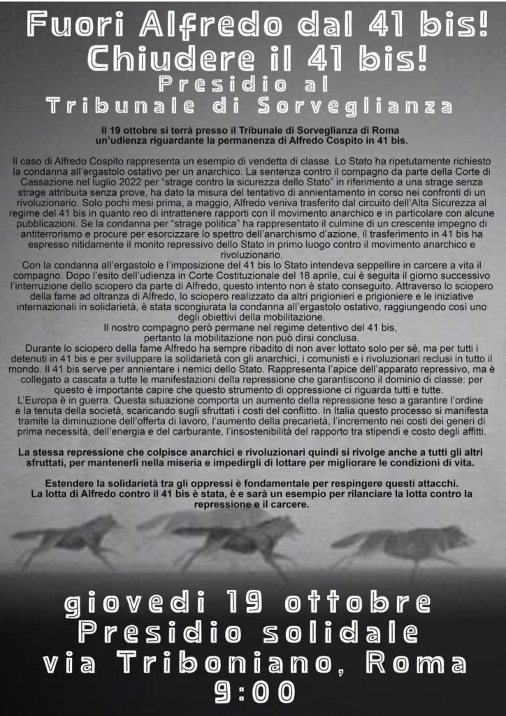 fuori alfredo dal 41 bis chiudere il 41 bis presidio al tribunale di sorveglianza roma 19 ottobre 2023 manifesto