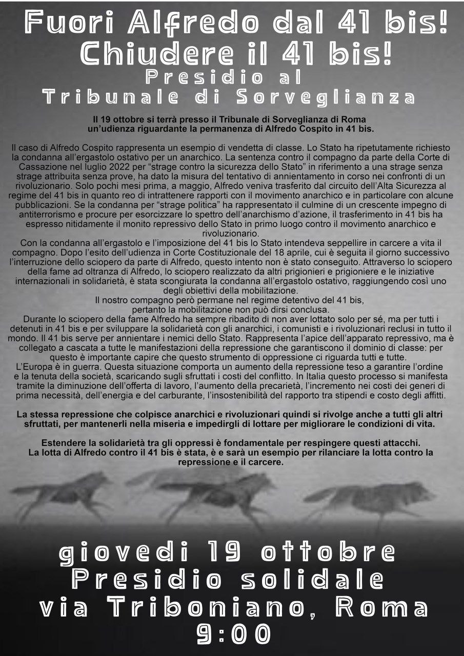 fuori alfredo dal 41 bis chiudere il 41 bis presidio al tribunale di sorveglianza roma 19 ottobre 2023 manifesto
