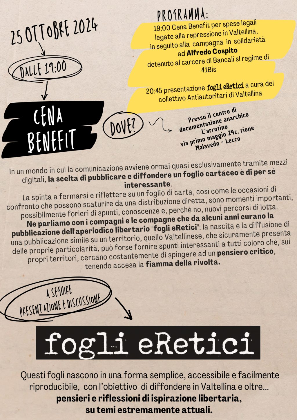 Serata Benefit per spese lagali legate alla campagna Cospito - 1