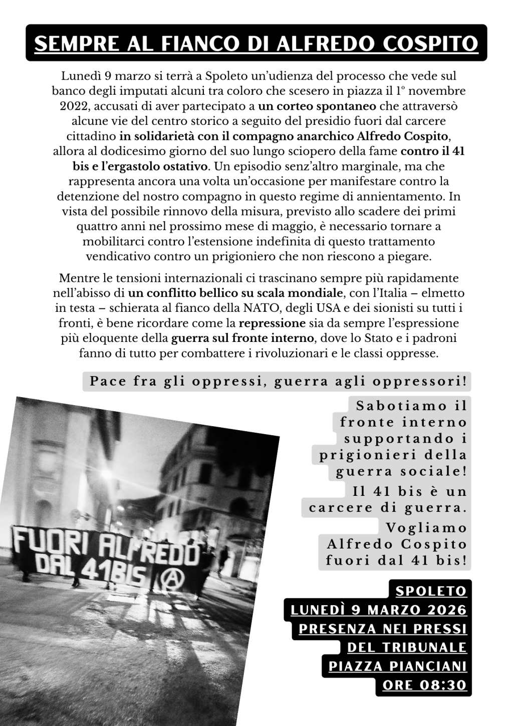 sempre al fianco di alfredo cospito 9 marzo 2026